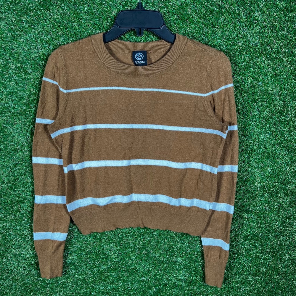 Bobeau Womens XS Brown White Striped Crew Neck Long Sleeve Knit Pullover Sweater
